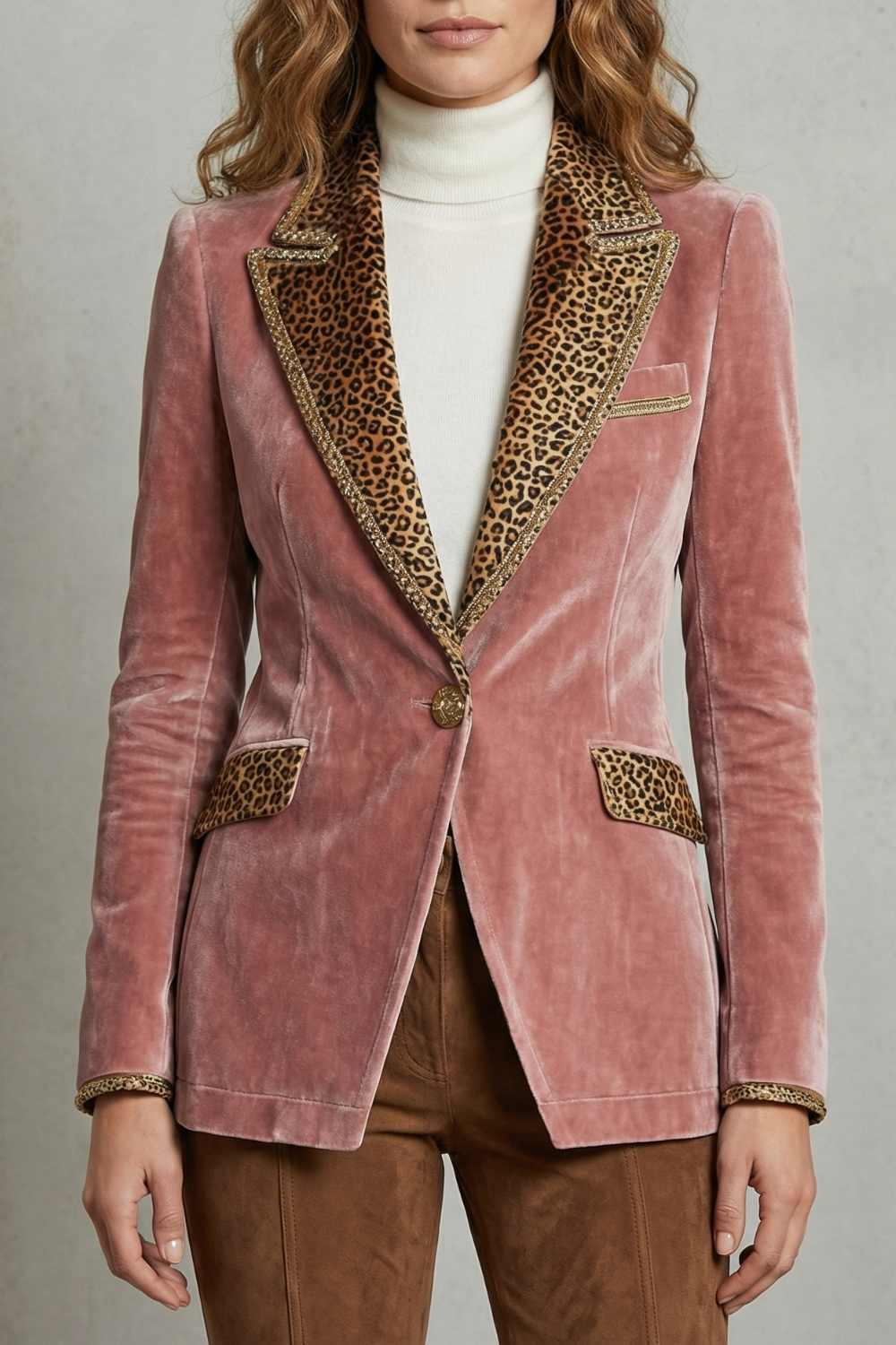 Women's Leopard Contrast Elegant Cut Velvet Blazer