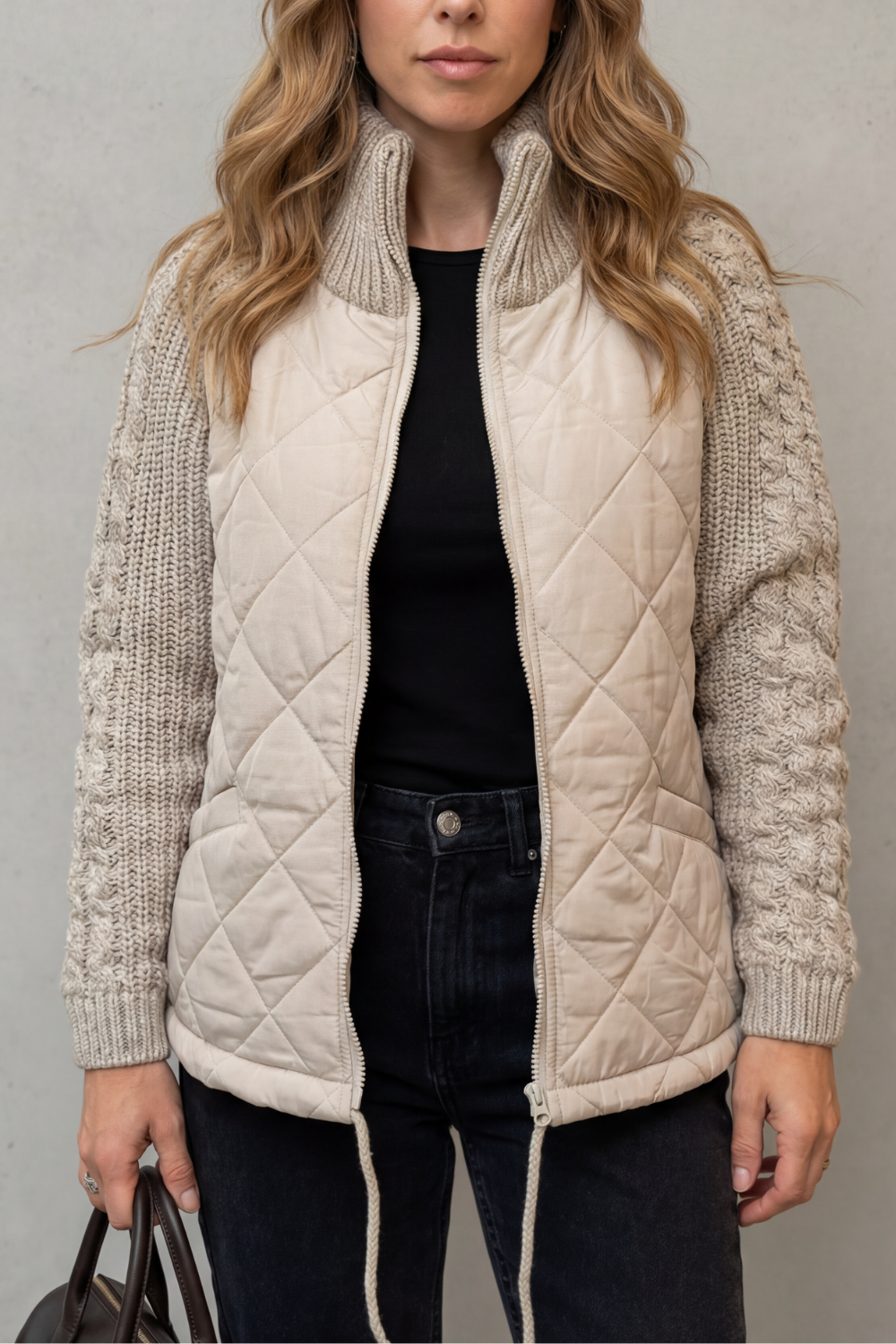 Women's Textured Knit Detail Quilted Puffer Jacket