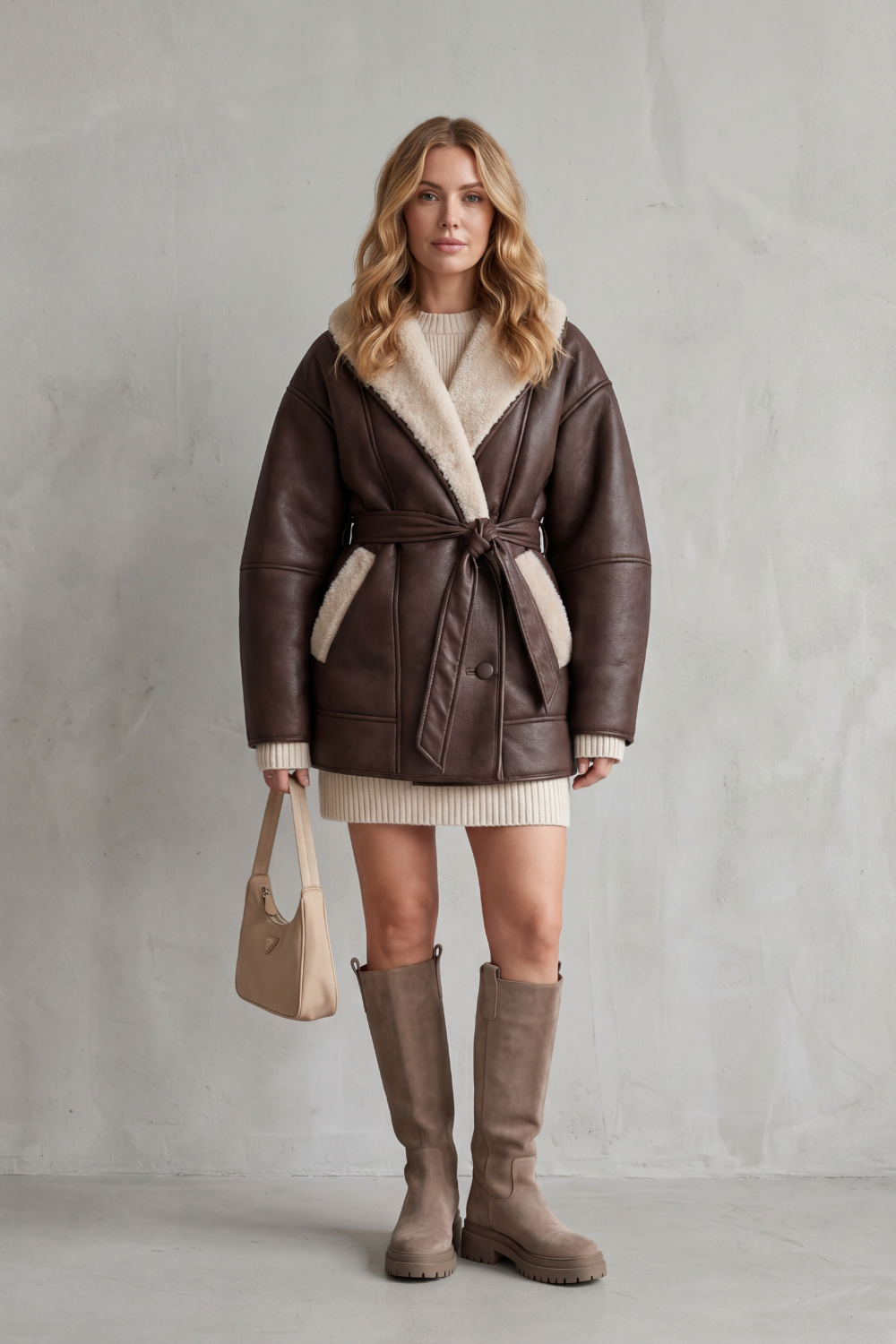 Women's Contrast Fleece Wrap Belted Faux Leather Coat