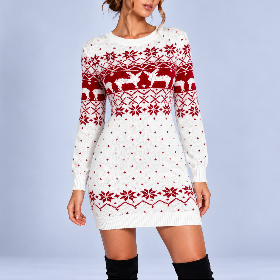 Bryony | Reindeer Snowflake Knit Christmas Sweater Dress