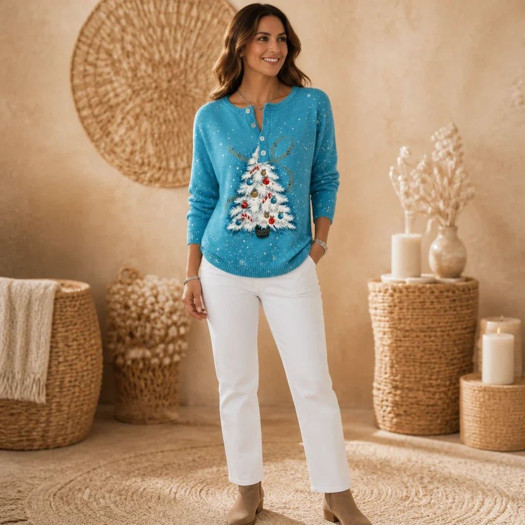 Juniper | Textured Christmas Tree Henley Sweater