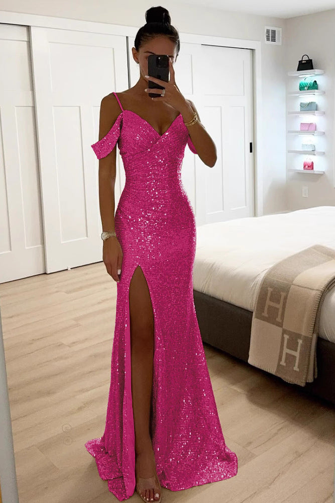 Lucienne | Sequin Off Shoulder High Slit Maxi Dress