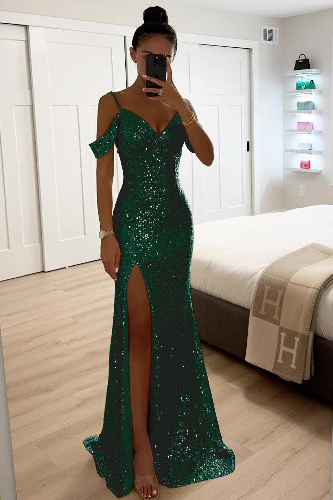 Lucienne | Sequin Off Shoulder High Slit Maxi Dress