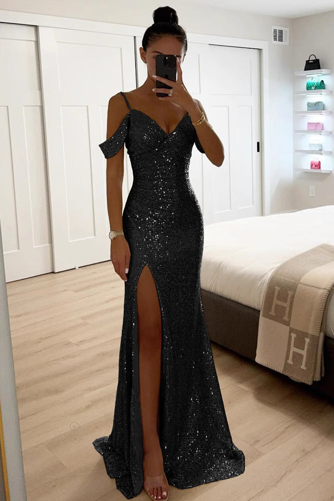 Lucienne | Sequin Off Shoulder High Slit Maxi Dress