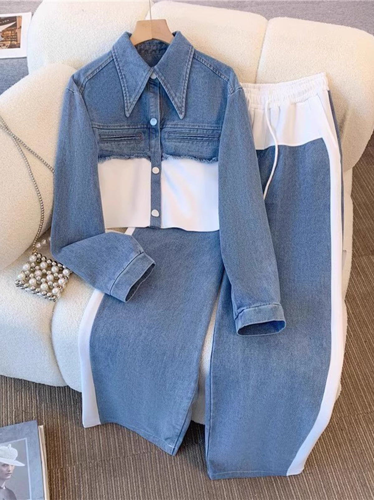 Women's Color-Block Cropped Jacket & Wide-Leg Pants Set