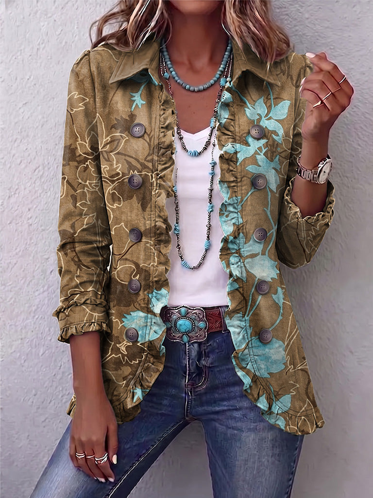 Women's Boho Gradient Vintage Floral Ruffle Jacket
