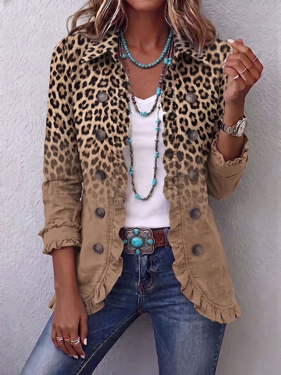 Women's Vintage Leopard Gradient Ruffle Jacket