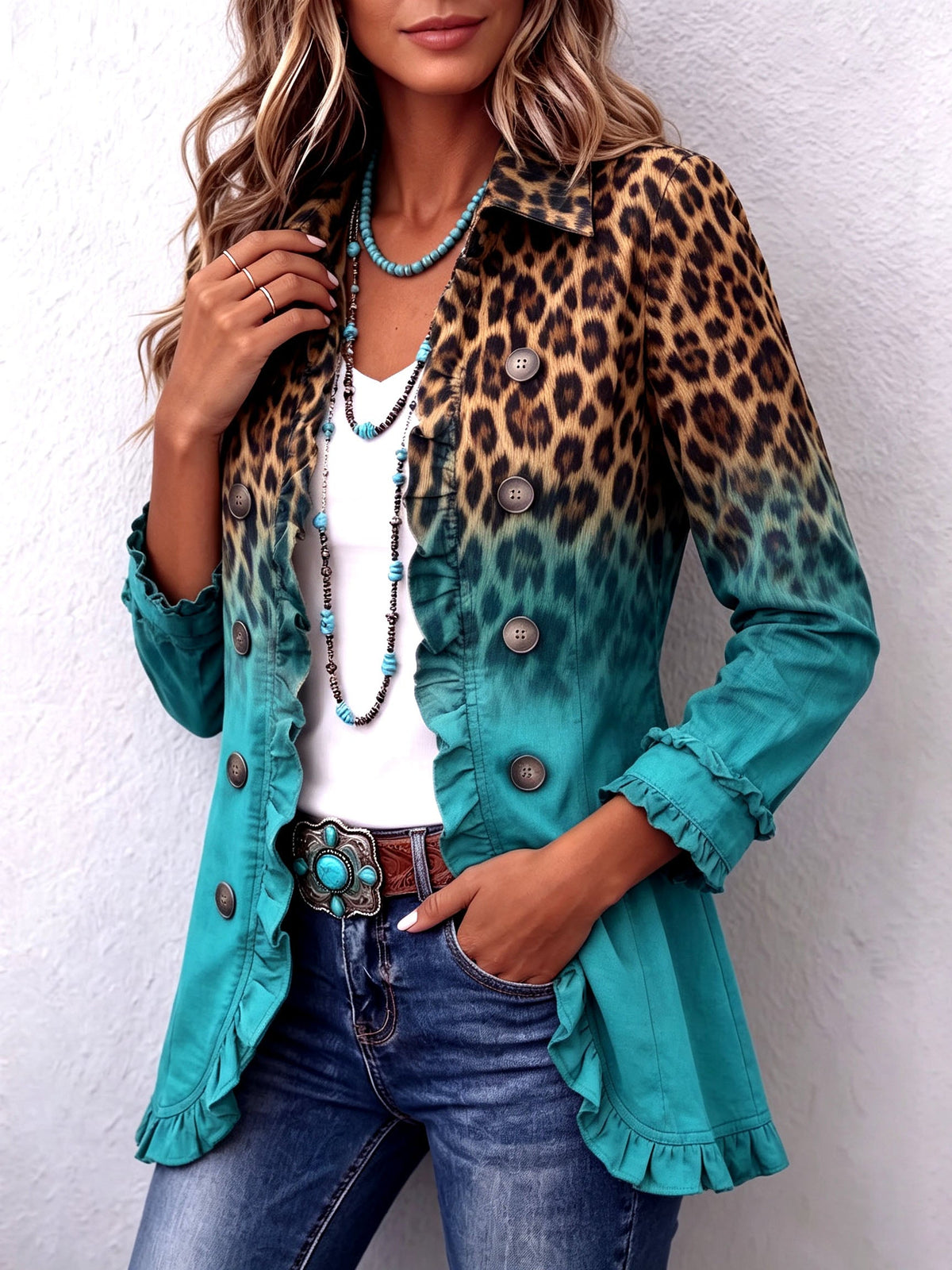 Women's Leopard Ombre Ruffle Blazer Jacket