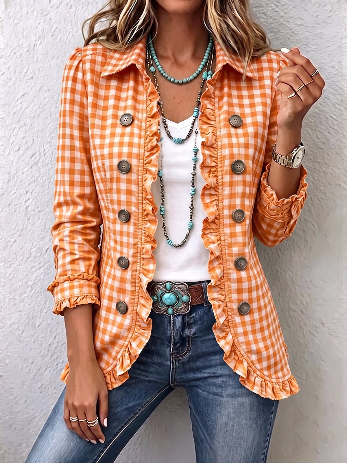 Women's Gingham Ruffled Button-Down Jacket