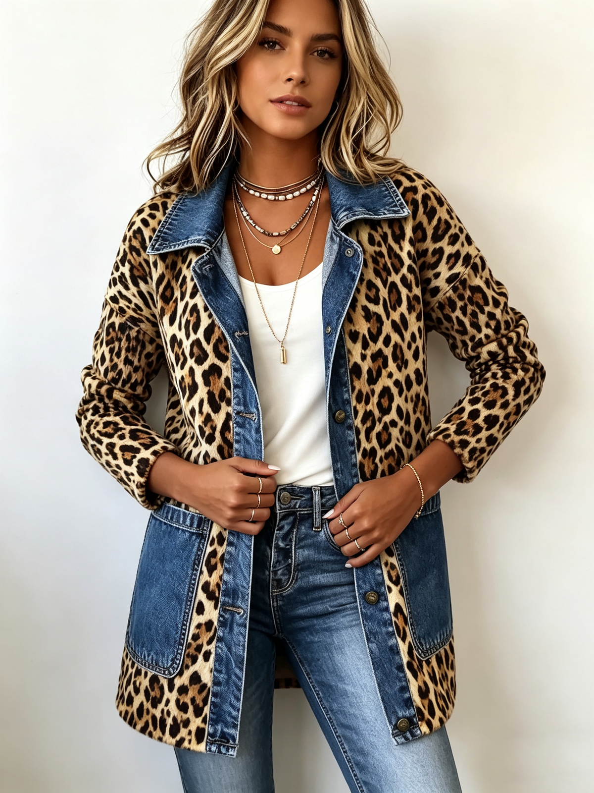 Women's Leopard Print Denim Panel Contrast Longline Jacket