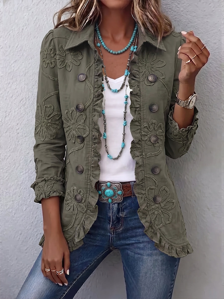 Women's Boho-Chic Floral Utility Ruffled Trim Jacket