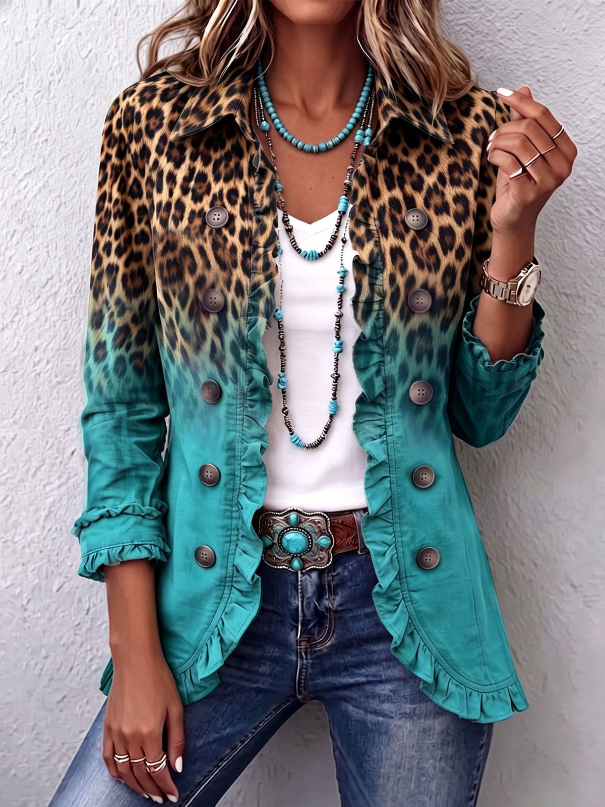 Women's Leopard Ombre Ruffle Blazer Jacket
