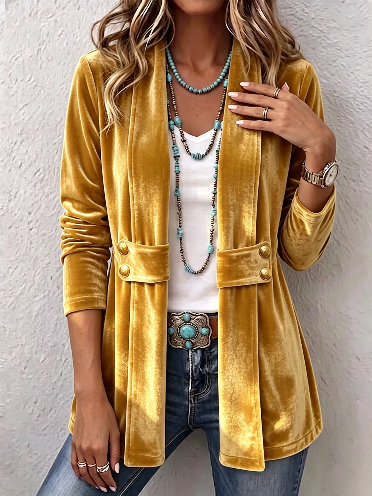 Women's Vintage Lapel Button-Accent Long Sleeve Open Front Jacket