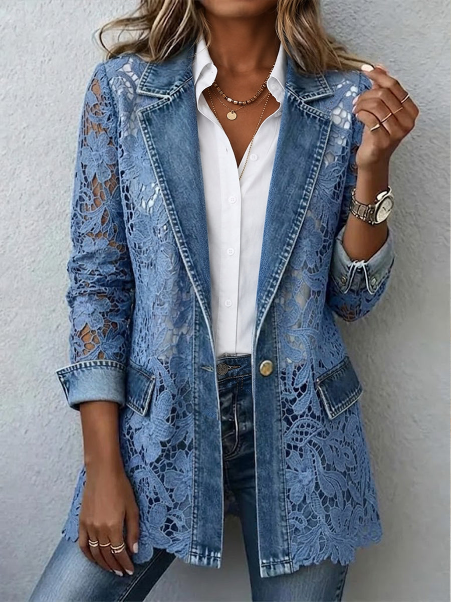 Women's Blazer Jacket with Floral Lace Paneling