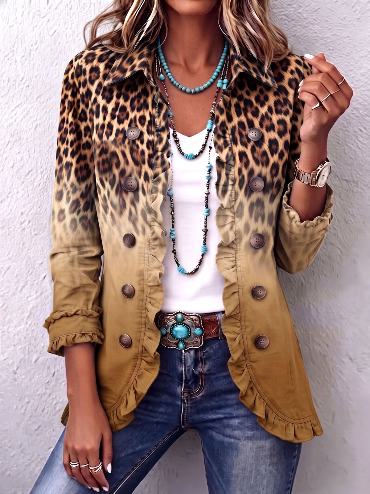 Women's Leopard Ombre Ruffle Blazer Jacket