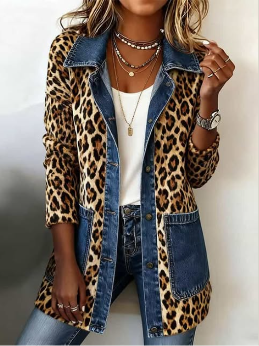 Women's Leopard Print Denim Panel Contrast Longline Jacket