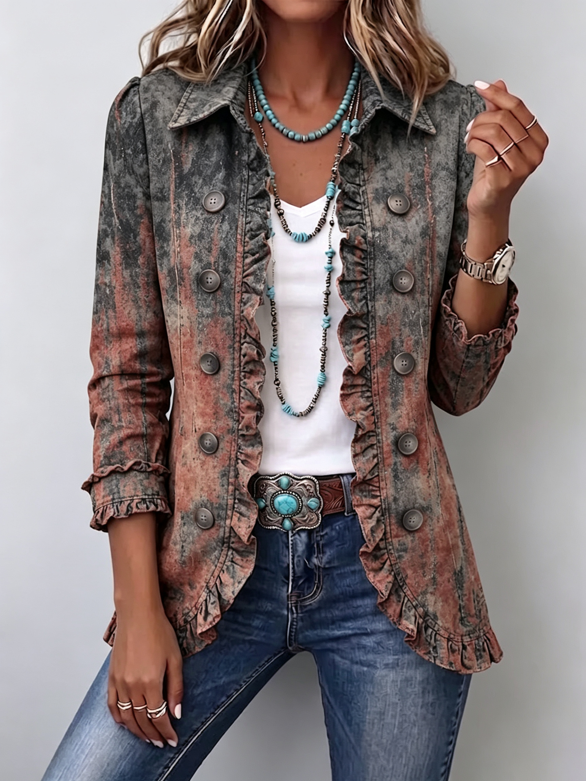 Women's Vintage Gradient Textured Print Ruffle Jacket