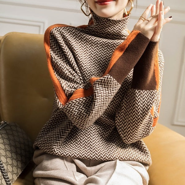 Women's Herringbone Turtleneck Jumper with Stripe Sleeves
