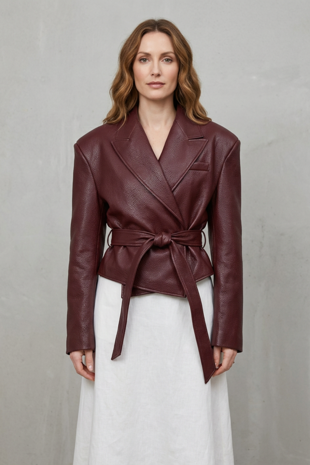 Women's Faux Leather Belted Blazer Sculpted Modern Jacket