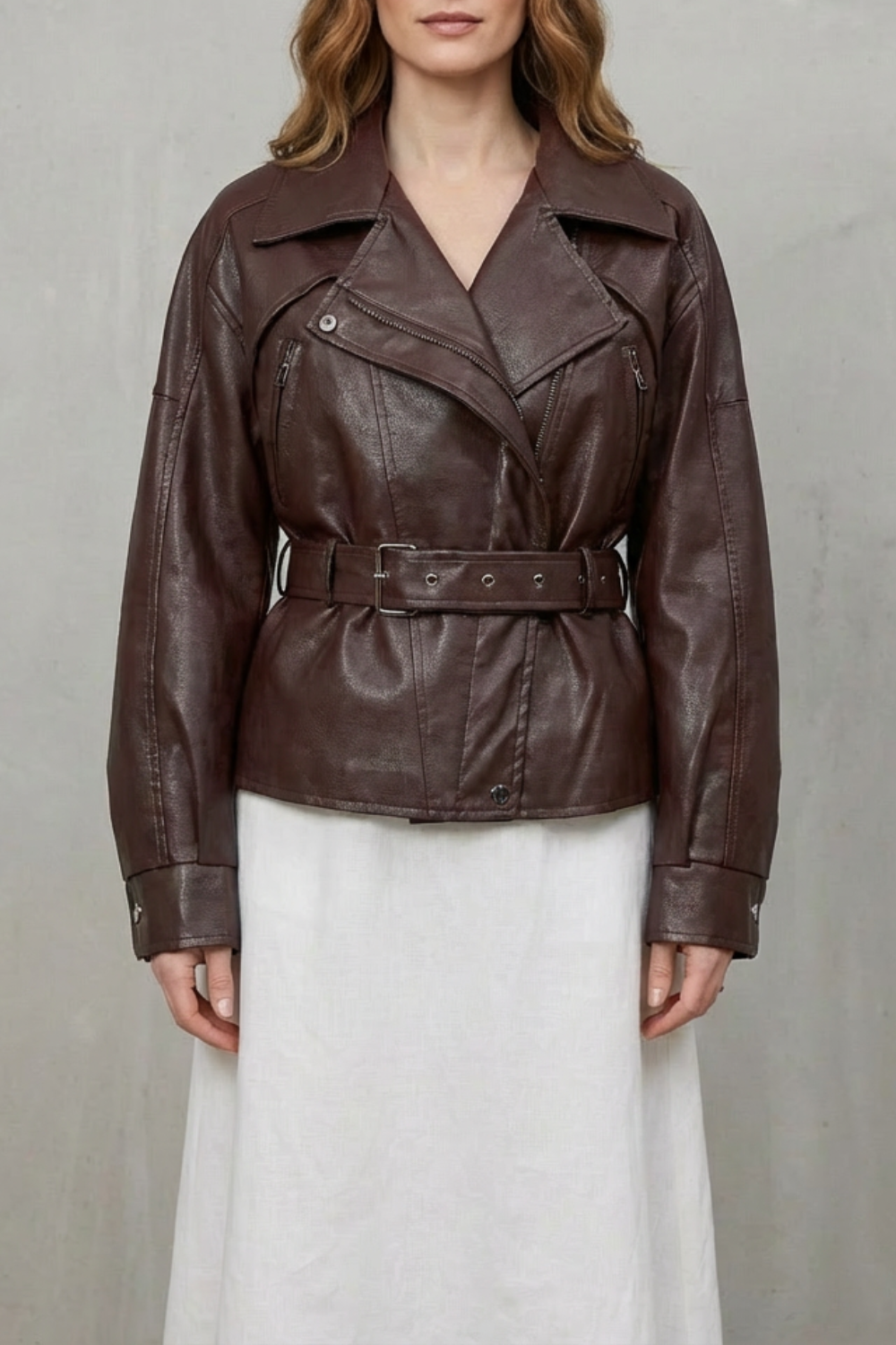 Women's Faux Leather Belted Blazer Sculpted Modern Jacket