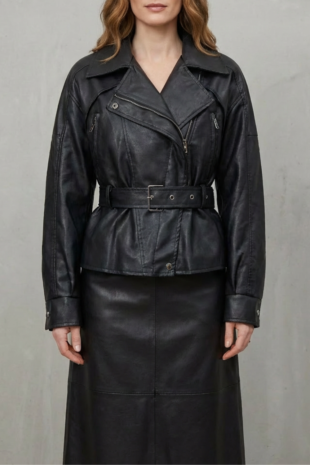 Women's Faux Leather Belted Blazer Sculpted Modern Jacket