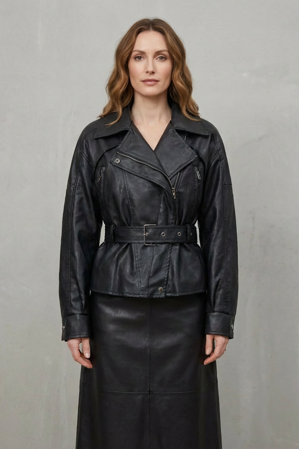 Women's Faux Leather Belted Blazer Sculpted Modern Jacket