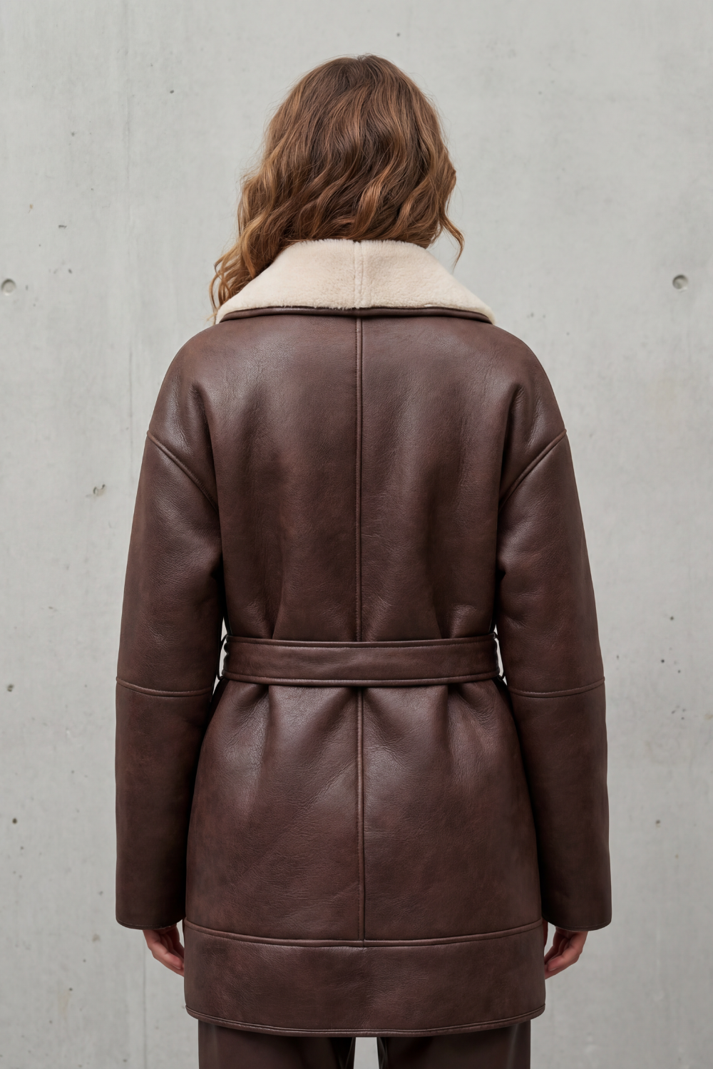 Women's Contrast Fleece Wrap Belted Faux Leather Coat