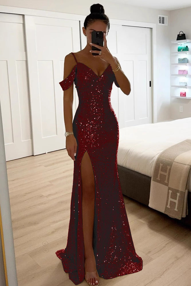 Lucienne | Sequin Off Shoulder High Slit Maxi Dress