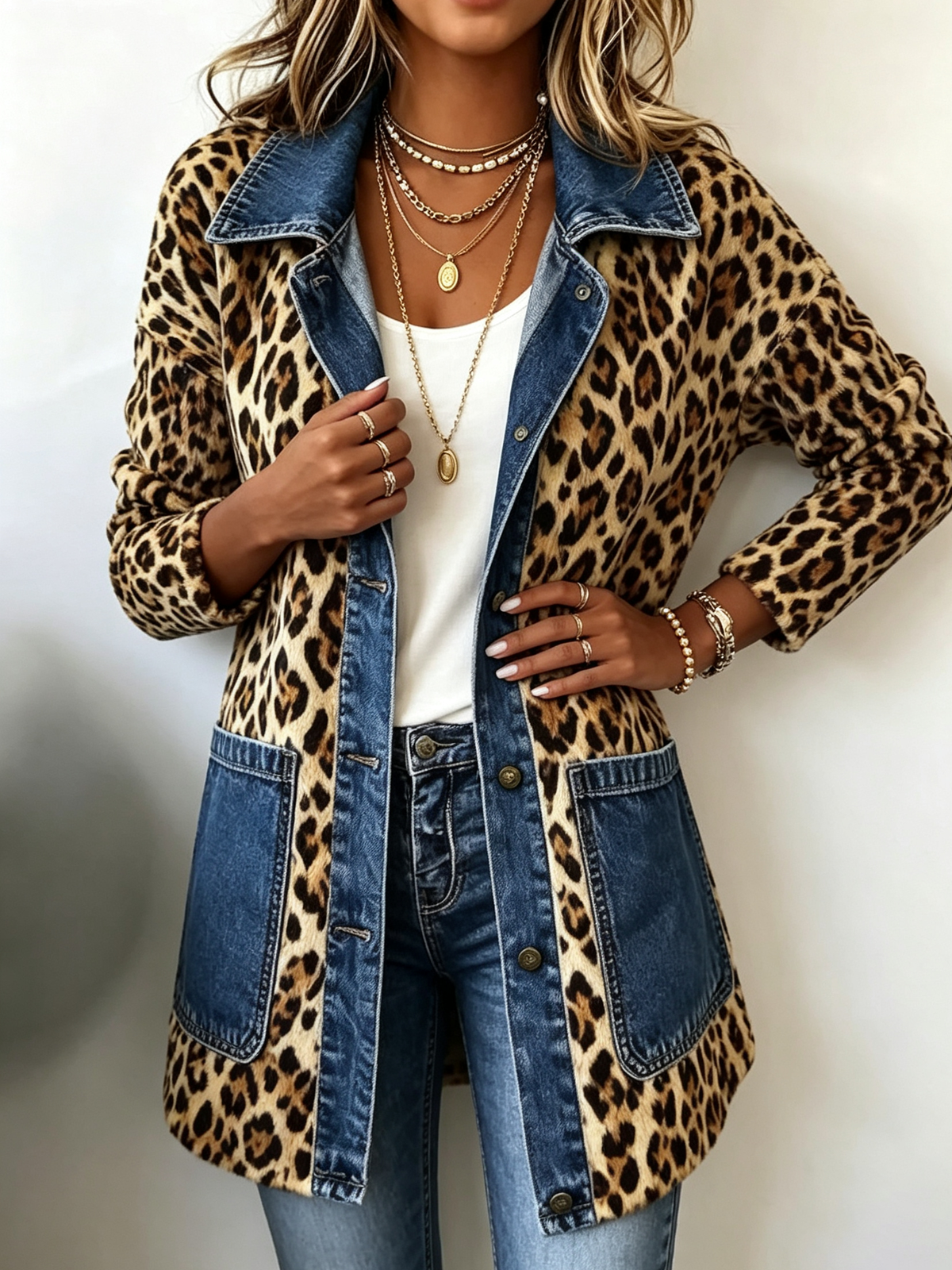 Women's Leopard Print Denim Panel Contrast Longline Jacket