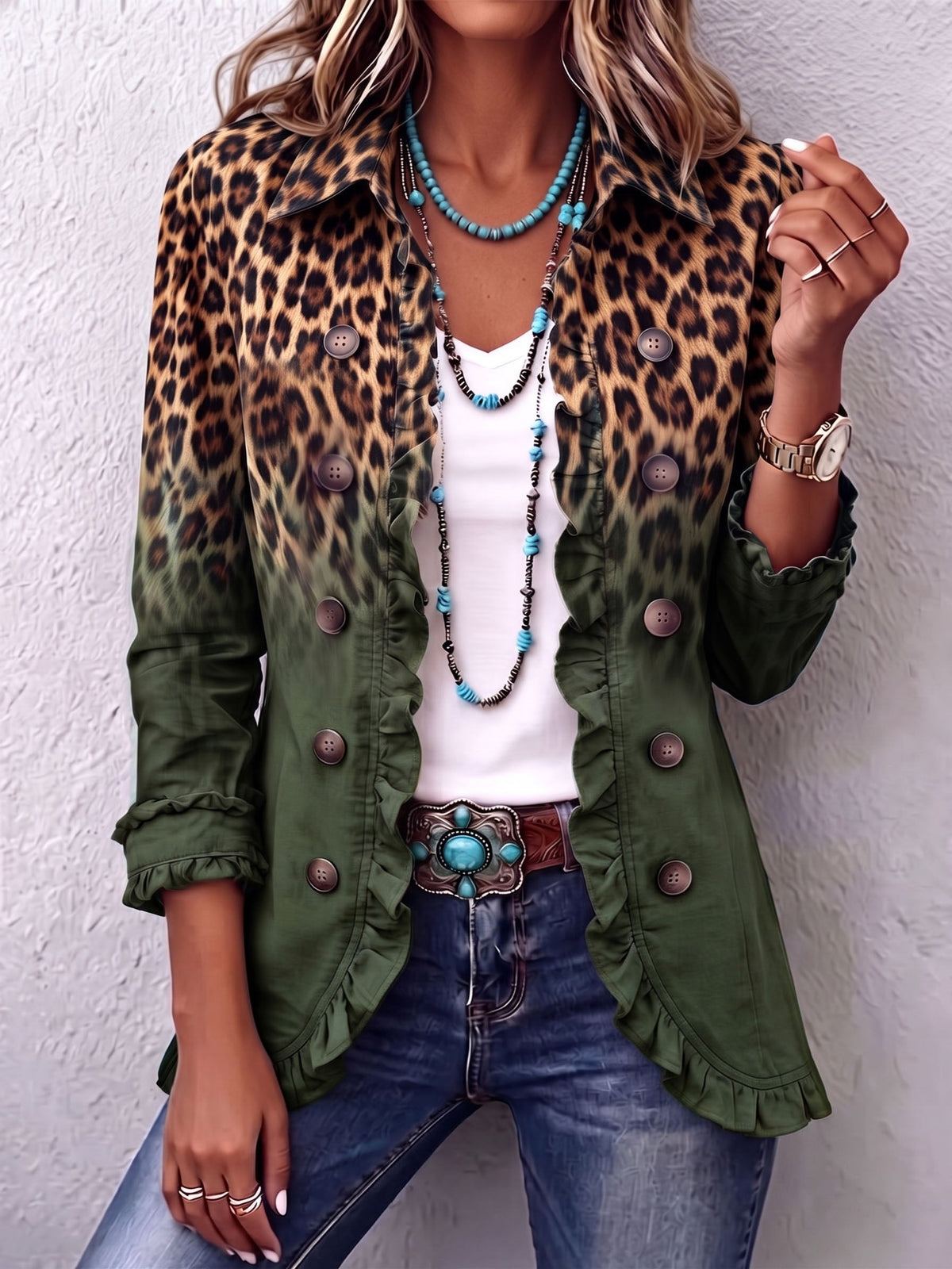 Women's Leopard Ombre Ruffle Blazer Jacket