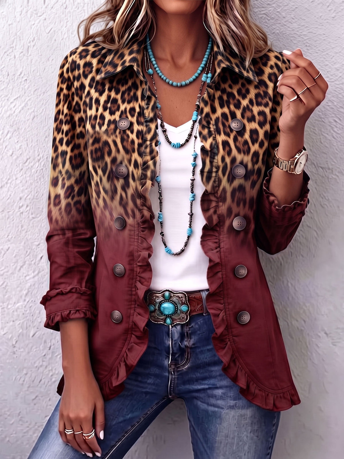 Women's Leopard Ombre Ruffle Blazer Jacket