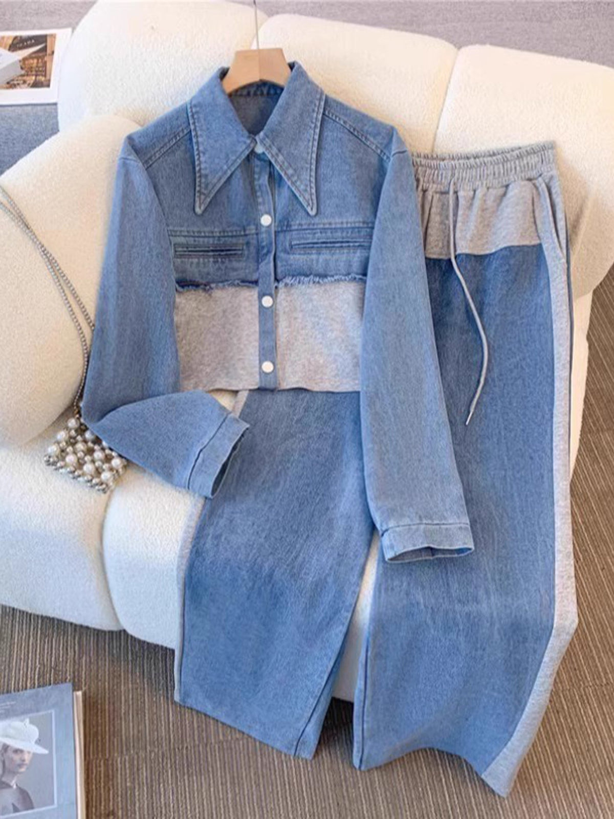 Women's Color-Block Cropped Jacket & Wide-Leg Pants Set