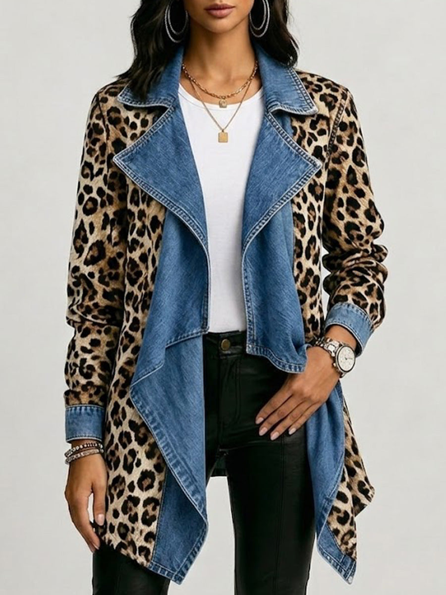 Women's Leopard Print & Washed Denim Paneled Mid-Length Jacket
