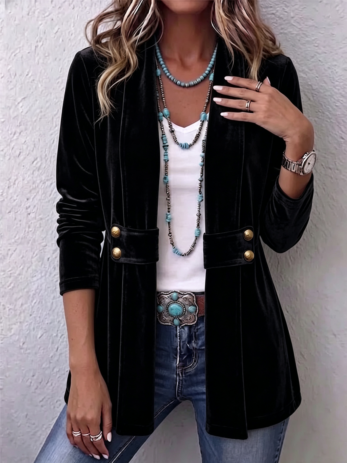 Women's Vintage Lapel Button-Accent Long Sleeve Open Front Jacket