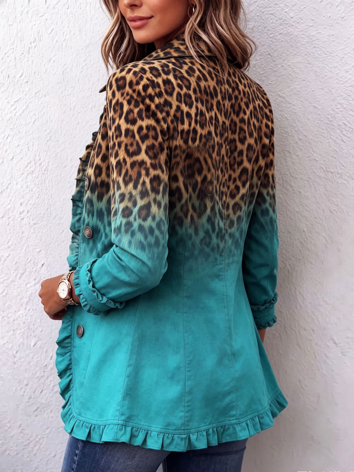 Women's Leopard Ombre Ruffle Blazer Jacket