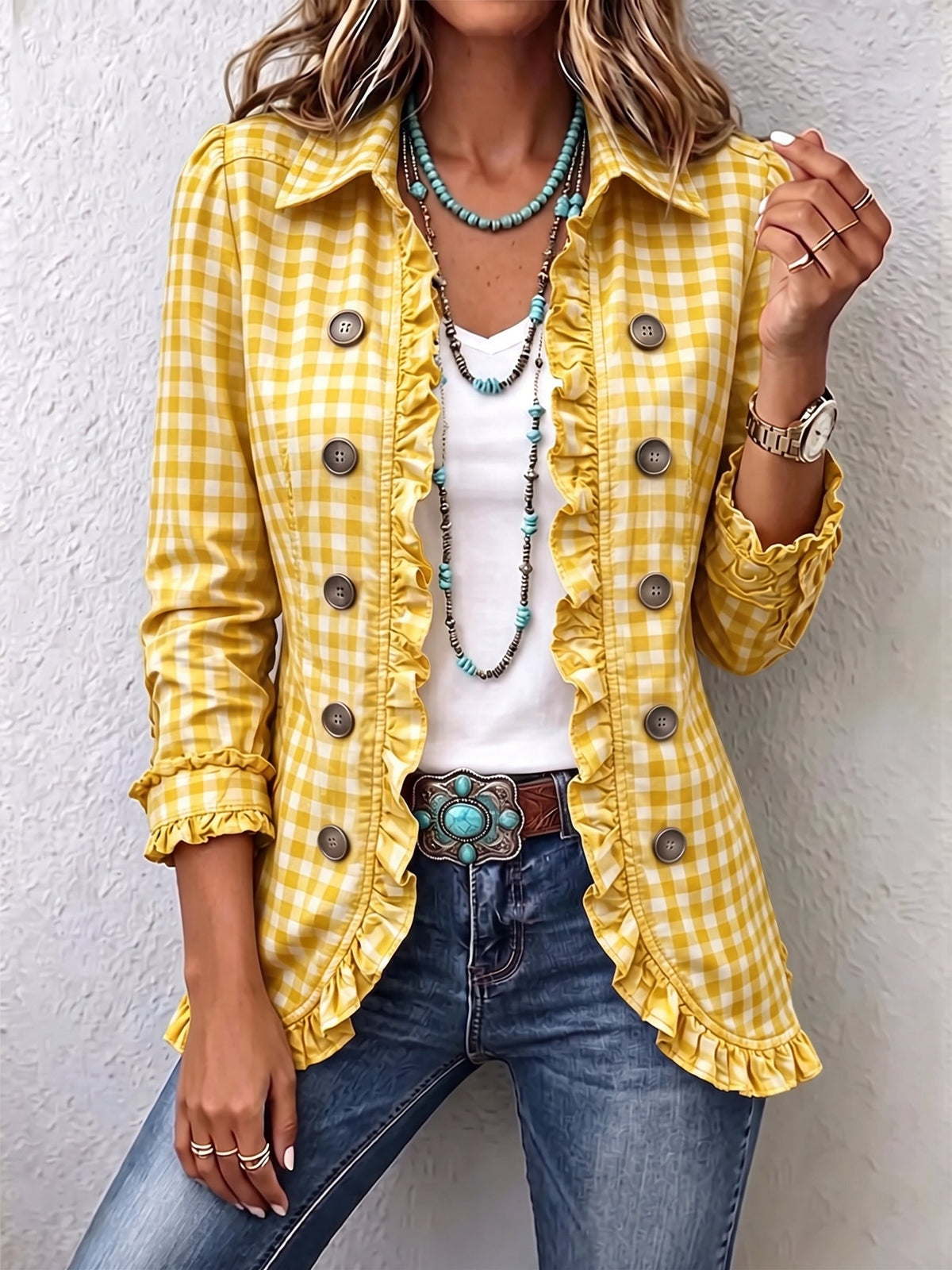 Women's Gingham Ruffled Button-Down Jacket