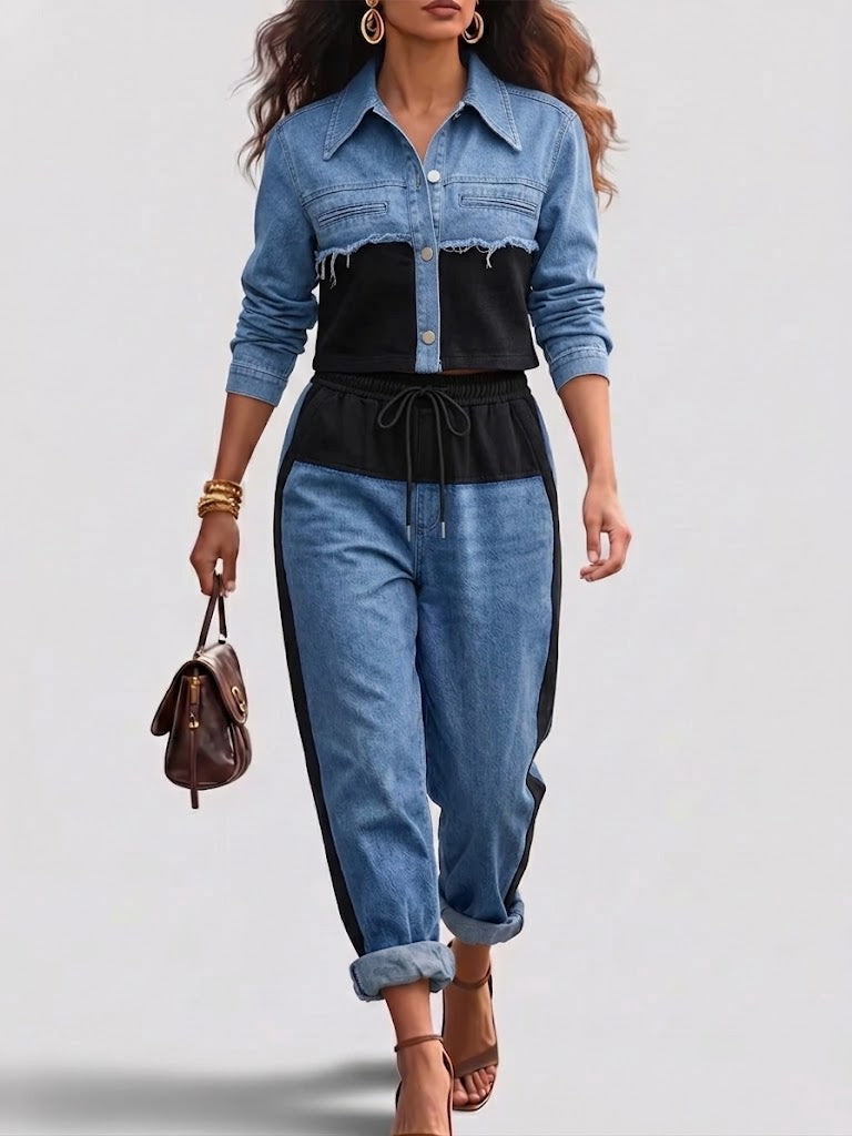 Women's Color-Block Cropped Jacket & Wide-Leg Pants Set