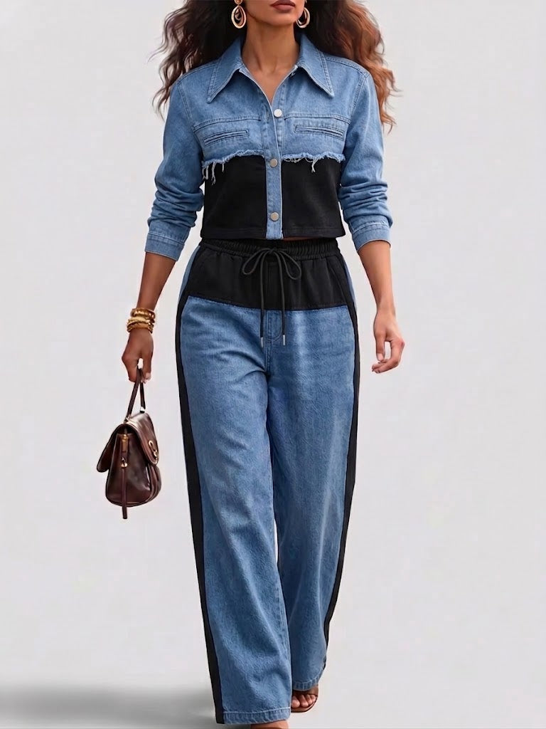Women's Color-Block Cropped Jacket & Wide-Leg Pants Set