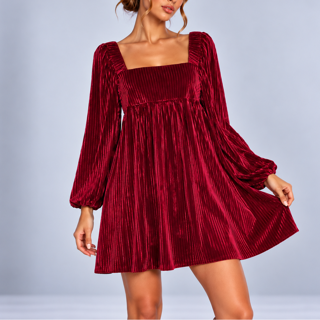 Rosaline | Square Neck Long Sleeve Velvet Christmas Mini Dress