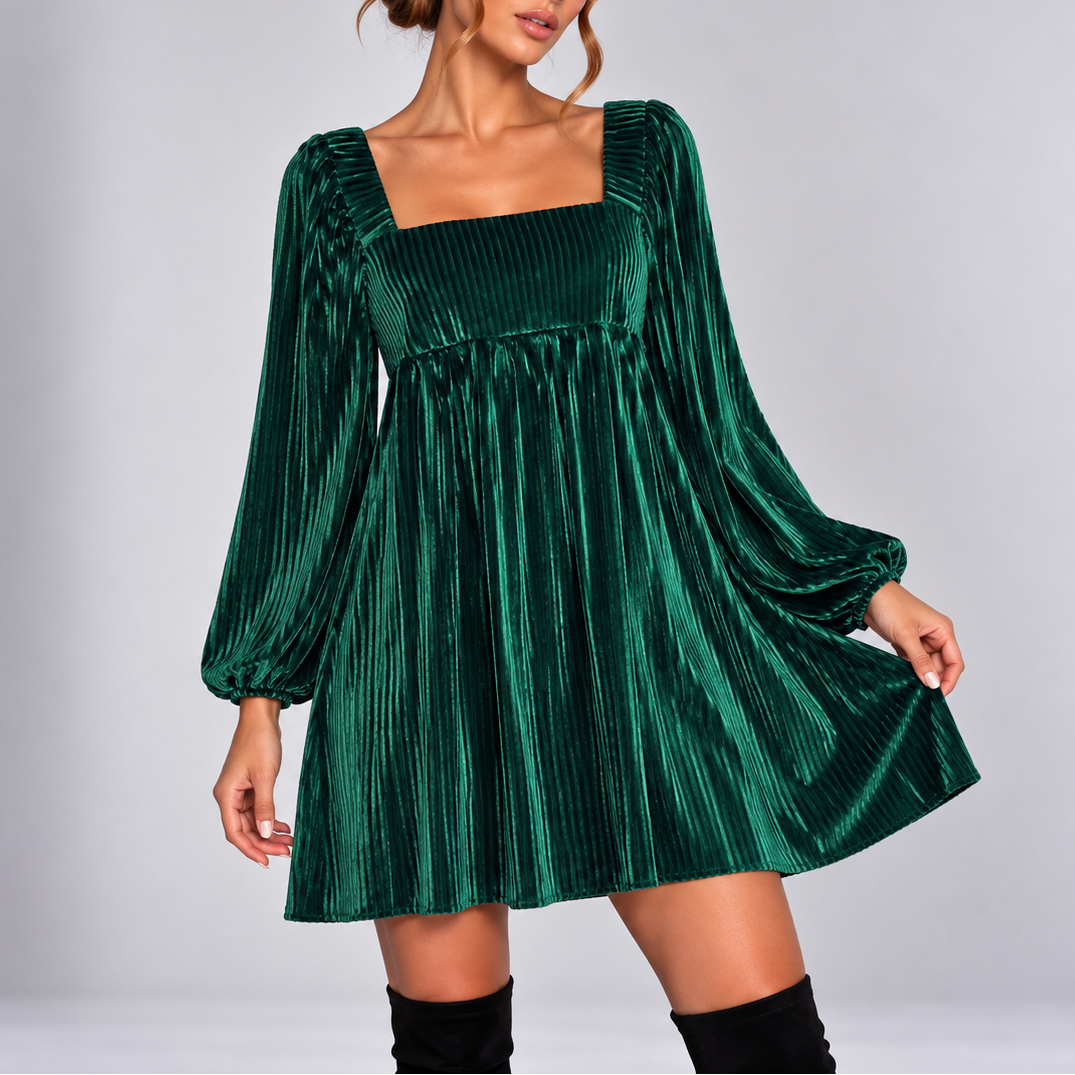 Rosaline | Square Neck Long Sleeve Velvet Christmas Mini Dress