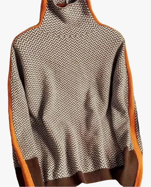 Lucille | Women's Herringbone Turtleneck Jumper with Stripe Sleeves